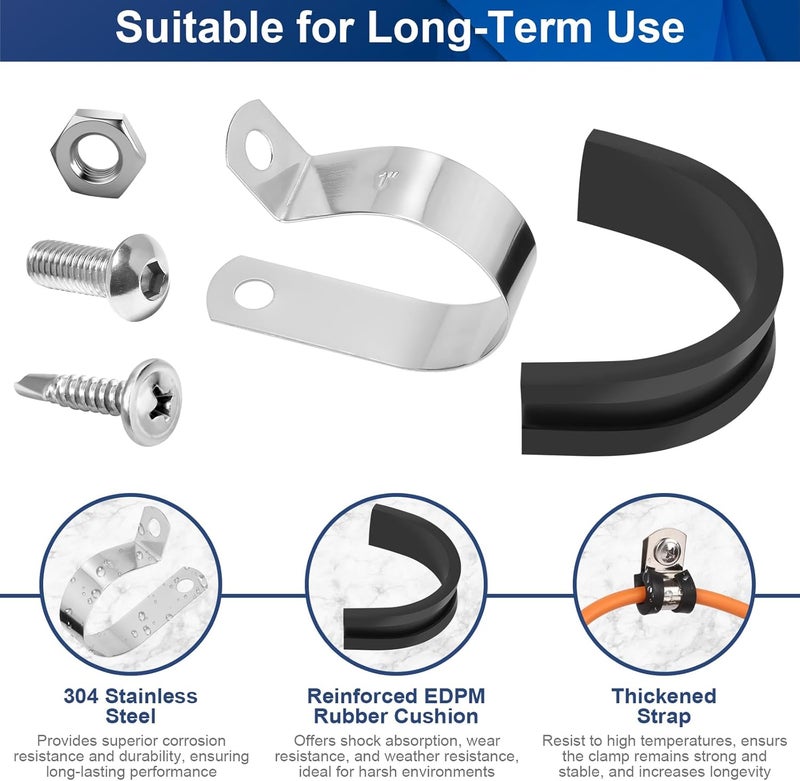 Comkrivy 111 Pcs Cable Clamps - 10 Size Pipe Clamps Assortment Kit 304 Stainless Steel Rubber Cushion Wire Clamp 1/4" 5/16" 3/8" 1/2" 5/8" 3/4" 1" 1-1/4" 1-1/2" Metal P Clamp for Securing Cables and Hoses - Image 4